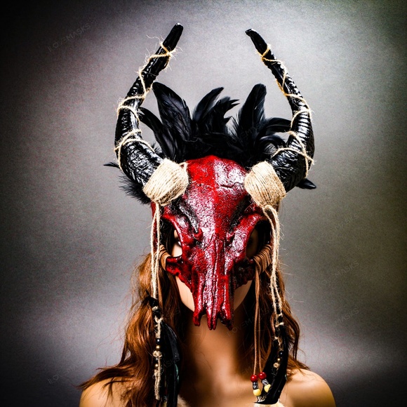 Halloween Red Skull Feather Mask Antelope Horns - Picture 2 of 8